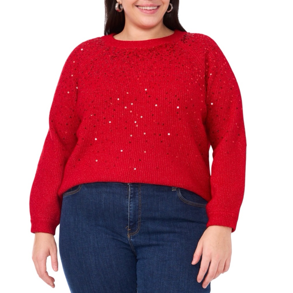 Vince Camuto Sequin Raglan Sleeve Crewneck Sweater Luminous Red Size 3X